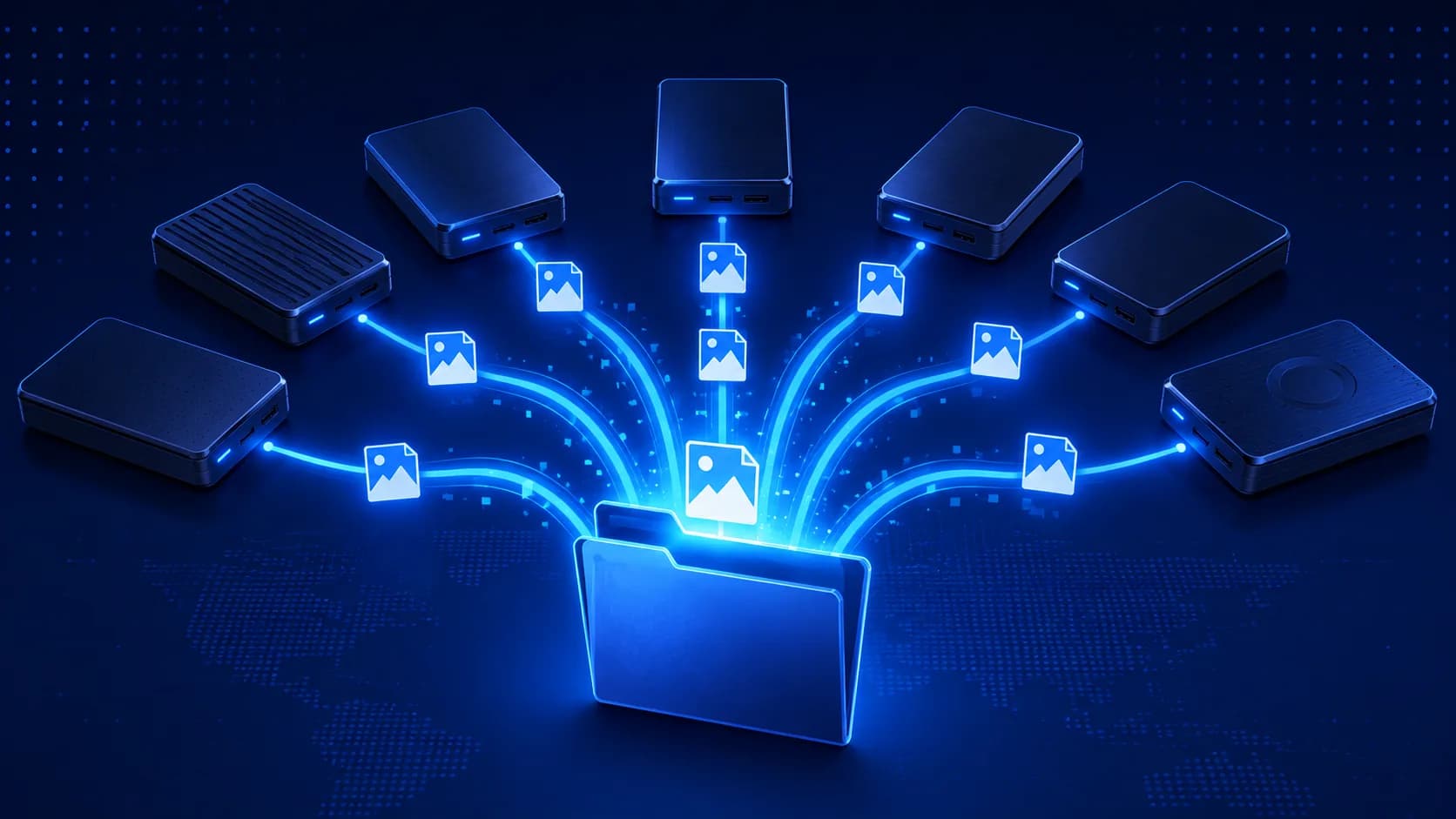 Several external drives each streaming a photo icon along a converging light trail into one open folder.