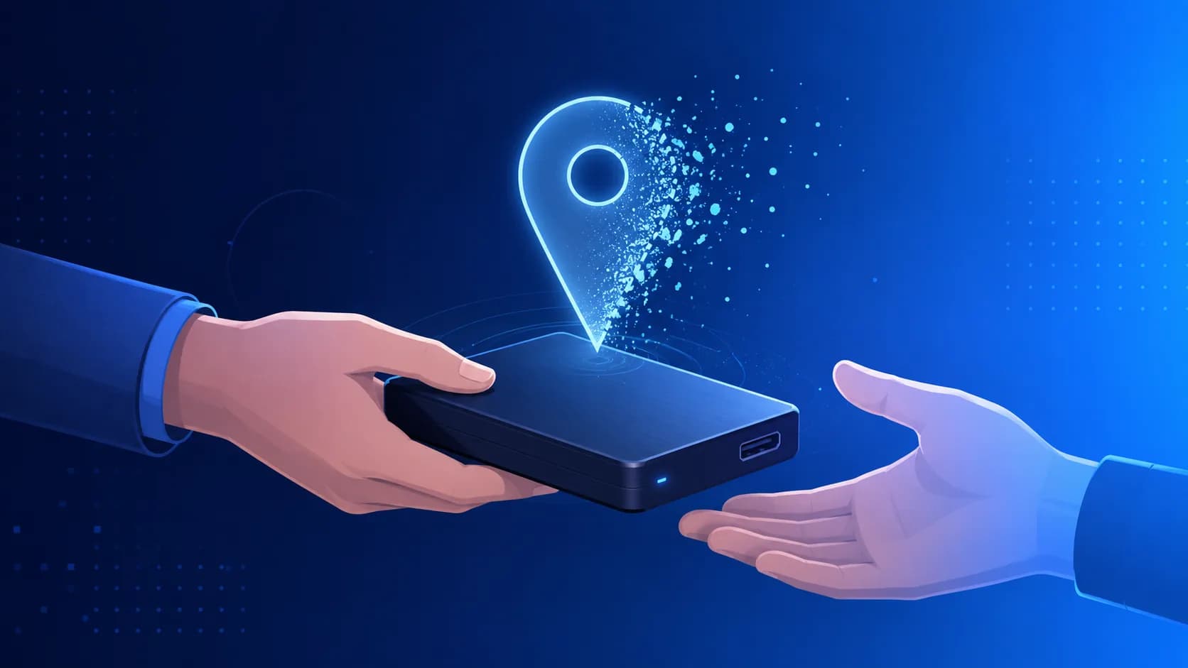 An external hard drive passed from one hand to another, with a glowing GPS pin dissolving into particles above it.
