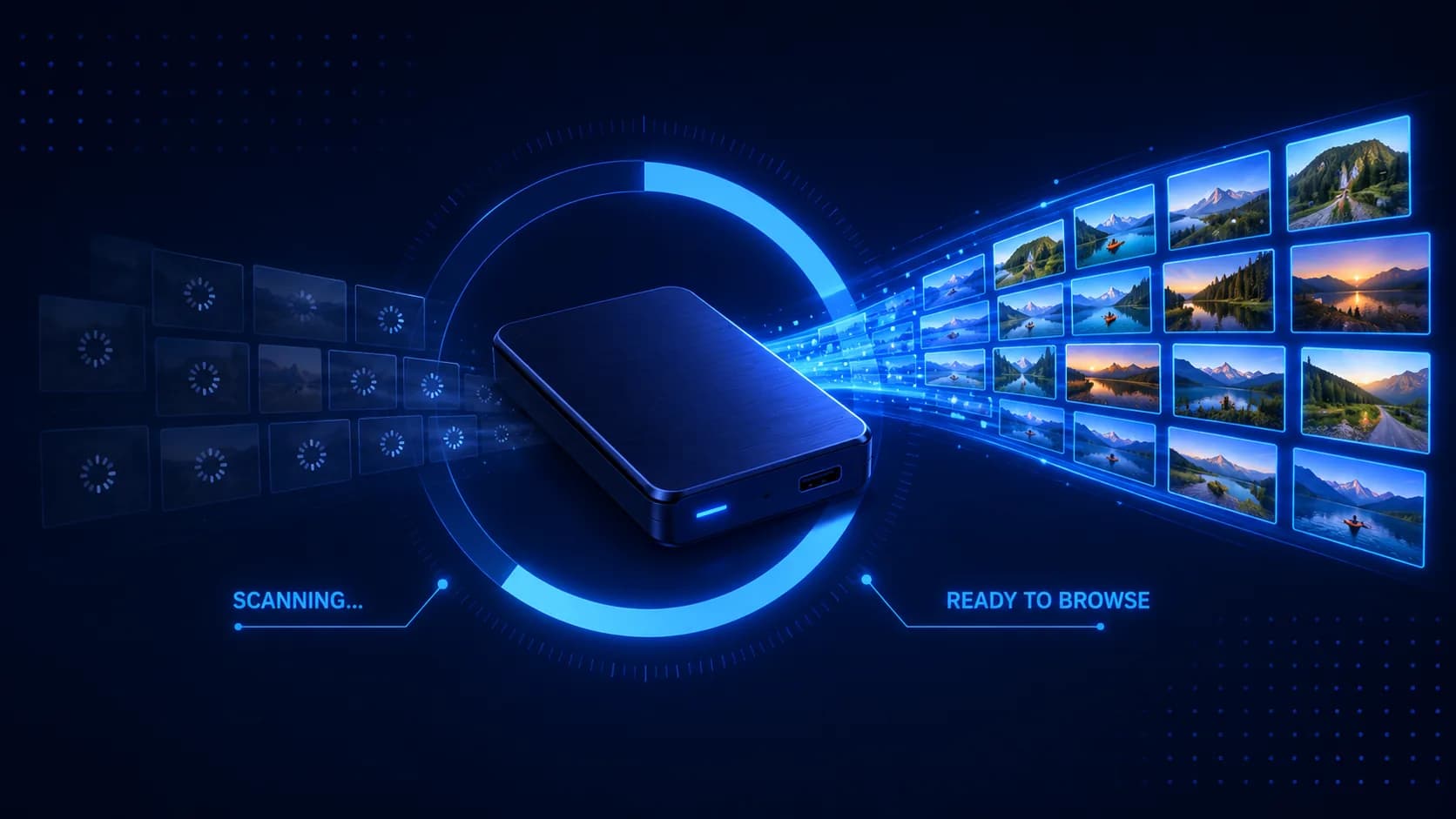 An external drive mid-scan, with already-processed photo thumbnails streaming out into a browsable grid.