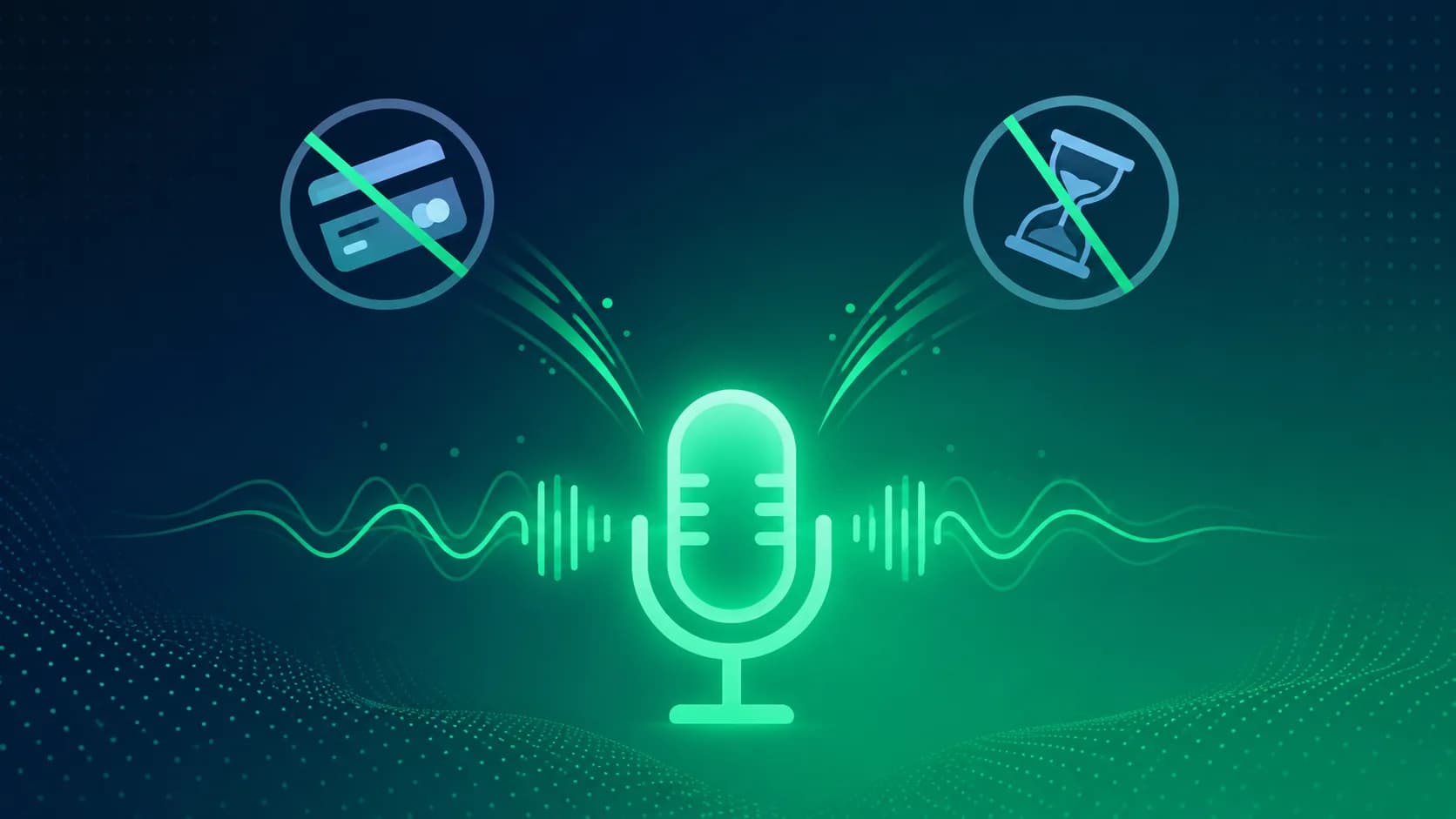 A glowing microphone with waveform ripples pushing away a struck-through credit card and hourglass icon.