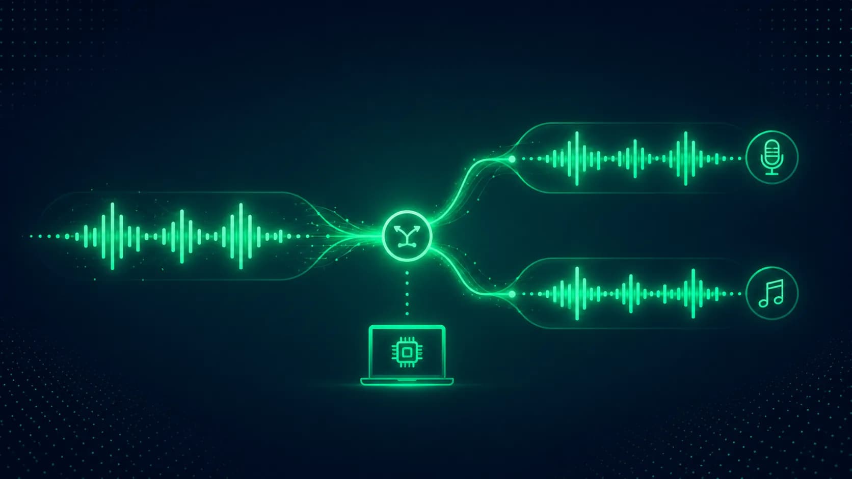 A waveform splitting at a glowing junction into a vocal branch and an instrumental branch, above a laptop icon representing local processing.