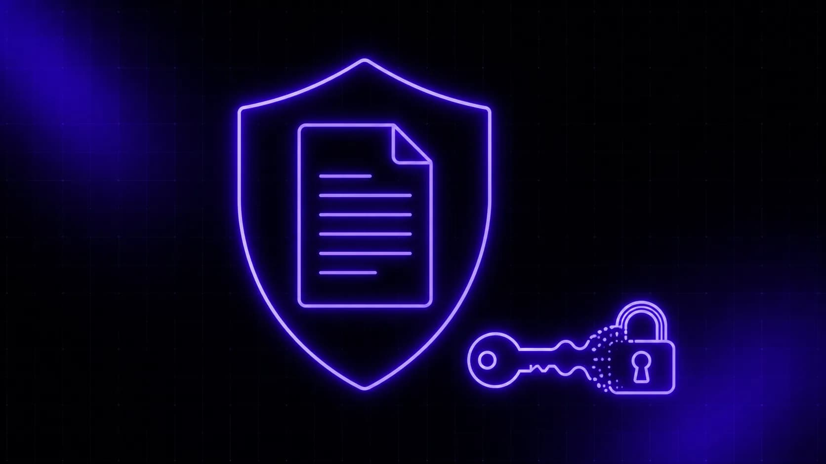 A document enclosed in a shield, beside a key transforming into a padlock.