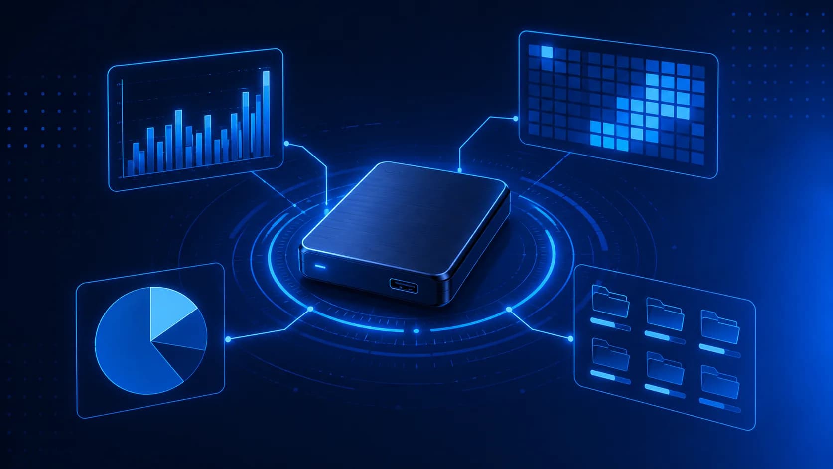 An external drive at the center of an orbiting dashboard of bar charts, a heatmap grid, a pie chart, and folder icons.