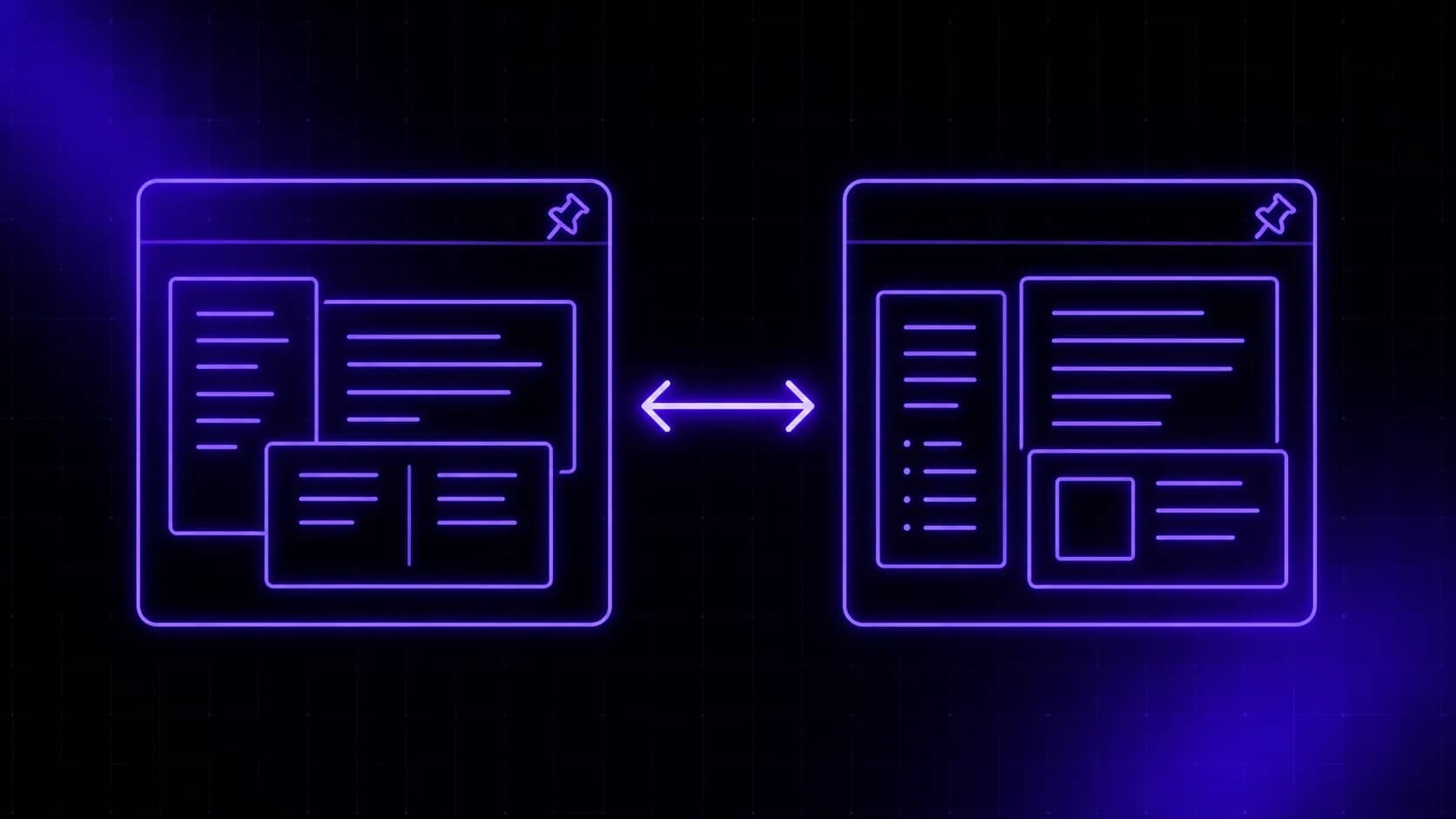 Two saved workspace panels with pinned tabs, connected by a bidirectional arrow showing switching between them.